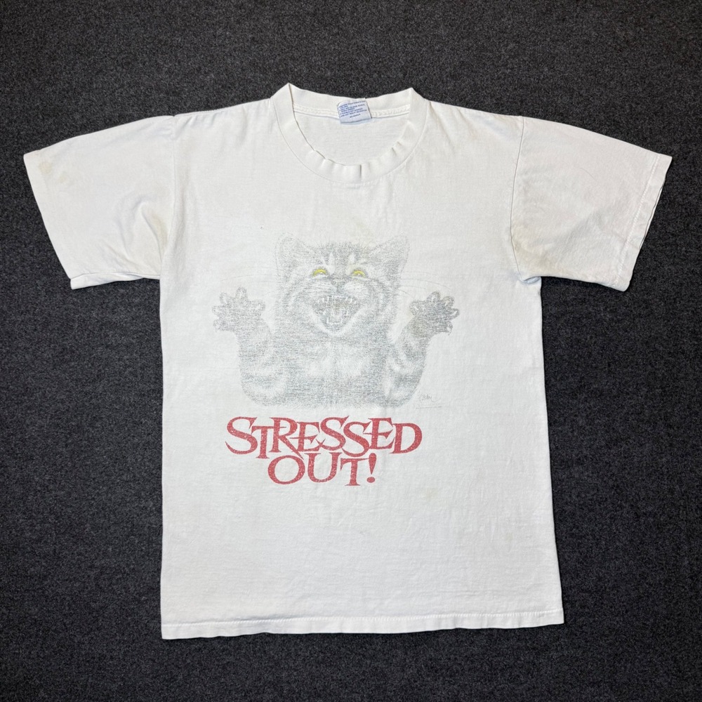 Vintage 90s All Sport Stressed Out Cat Graphic Tee Mens M White Single Stitch